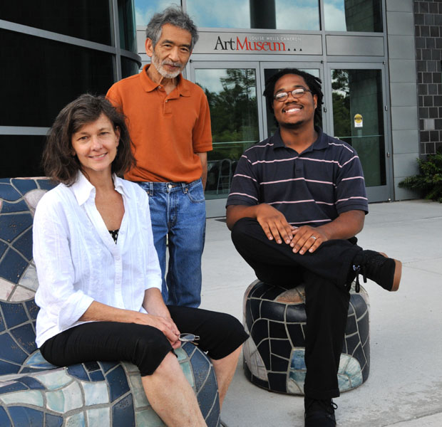 Donna Moore with artist in residence Hiroshi Sueyoshi and Keith Butler